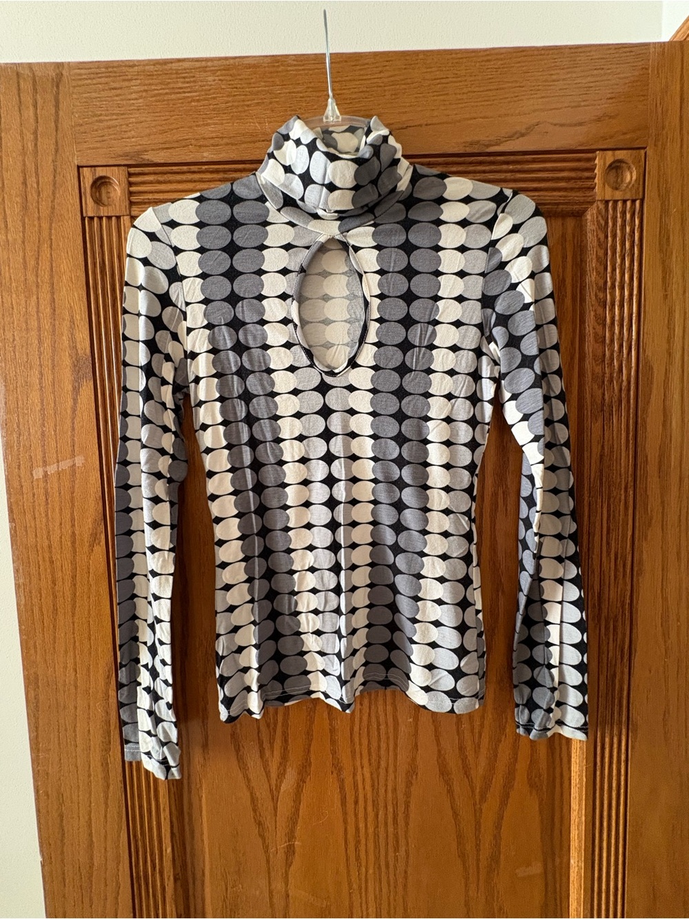 Women's Black and White Geo Print Keyhole Turtleneck Top Bohemian-inspired long-